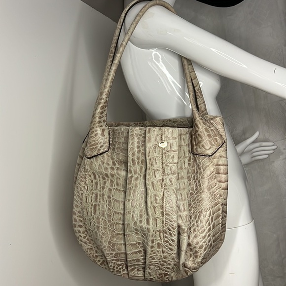 Lodis Croc Embossed Gray Beige Double Handle Tote Shoulder Bag - Picture 1 of 13